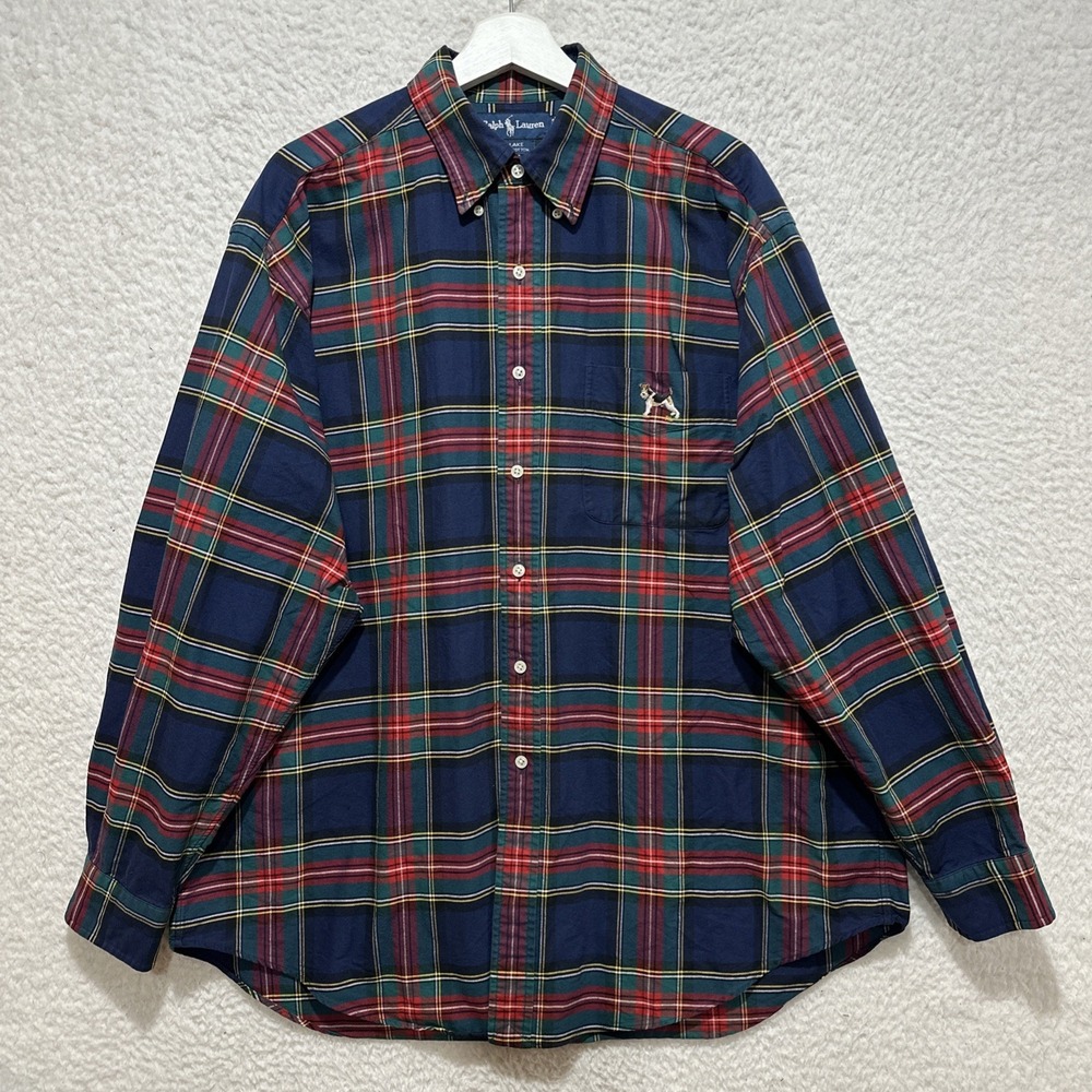 Ralph Lauren Terrier Dog Blake Shirt‎ Men's XL Red Navy Green Plaid Button Down